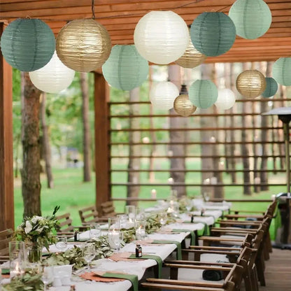 15-Piece Set of Paper Lantern Decorations, Round Hanging Paper Lantern Decorations, Suitable for Country Parties, Bridal Showers, Weddings, Gray-Green Birthday Party Supplies in Gold/Ivory/Grey-Green, Party Supplies, Ceiling