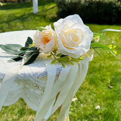 Artificial Wedding Car Flower Decorations, White Rose Car Mirror Decor, Car Accessory for Bridal Shower, Just Married,Party