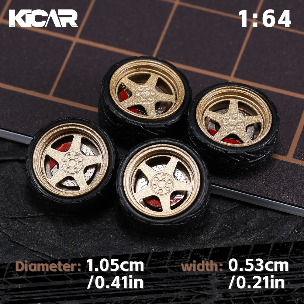 Kicarmod 1/64 10.5mm Alloy Model Wheels with Magnetic Hub Caps-with Rubber Tires for Tomica Custom Diecast Cars