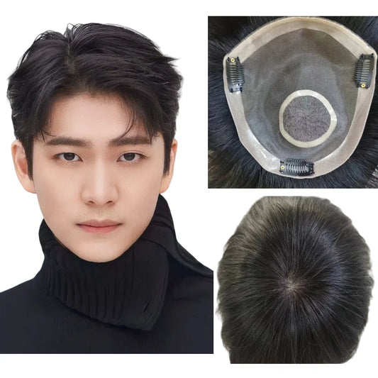 Men Hair Replacement 100% Human Hair Mono Base 6 Inch Short PU Edge Lace Inner With Snap Clips Fully Hand Tied Off Black