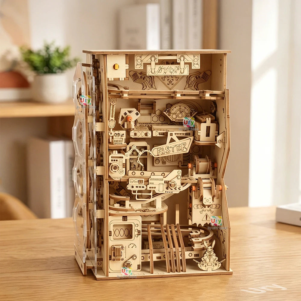 Ury 3D Wooden Puzzle Electric Track Device Marble Run Book Nook Set Counter Current Compass Model Ball Maze Assembly Gift