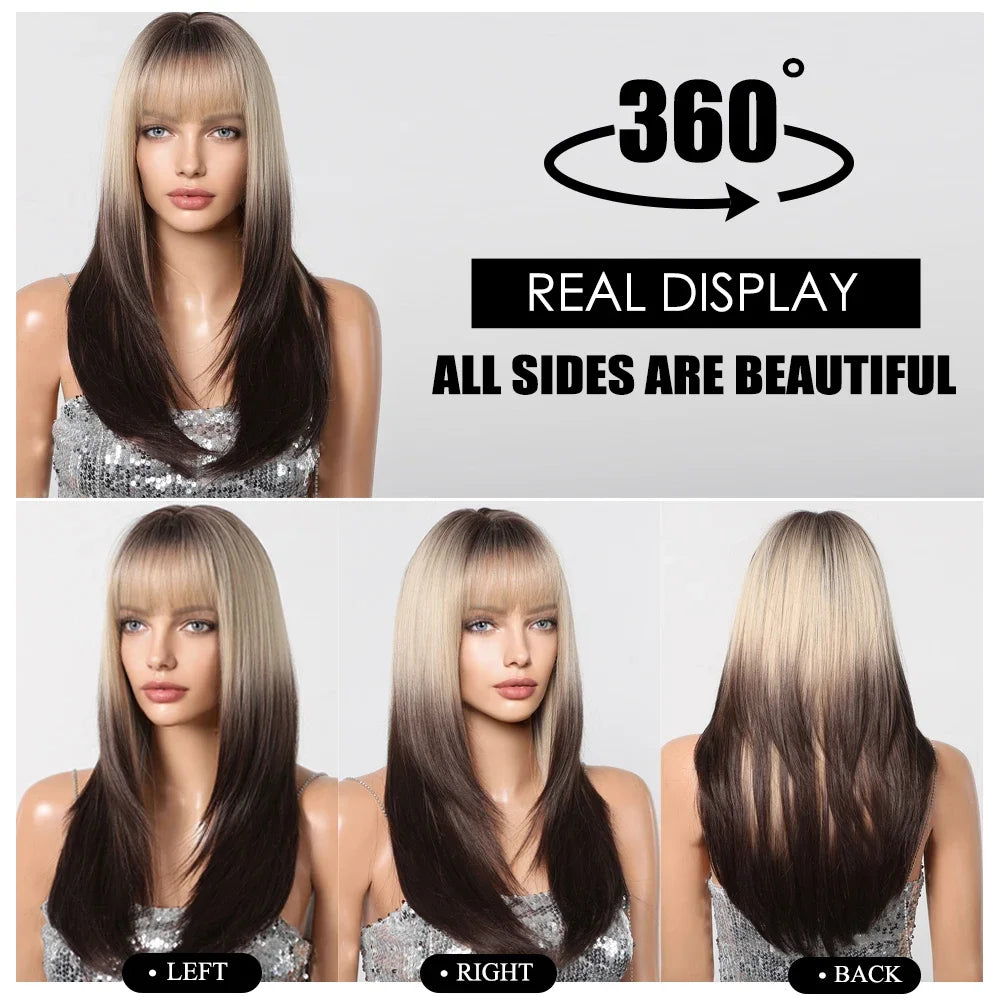 Women's Long Straight Brown Black to White Ombre Wig - Heat-Resistant Synthetic Hair,for Daily Use Cosplay Enthusiasts Christmas