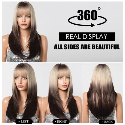 Women's Long Straight Brown Black to White Ombre Wig - Heat-Resistant Synthetic Hair,for Daily Use Cosplay Enthusiasts Christmas