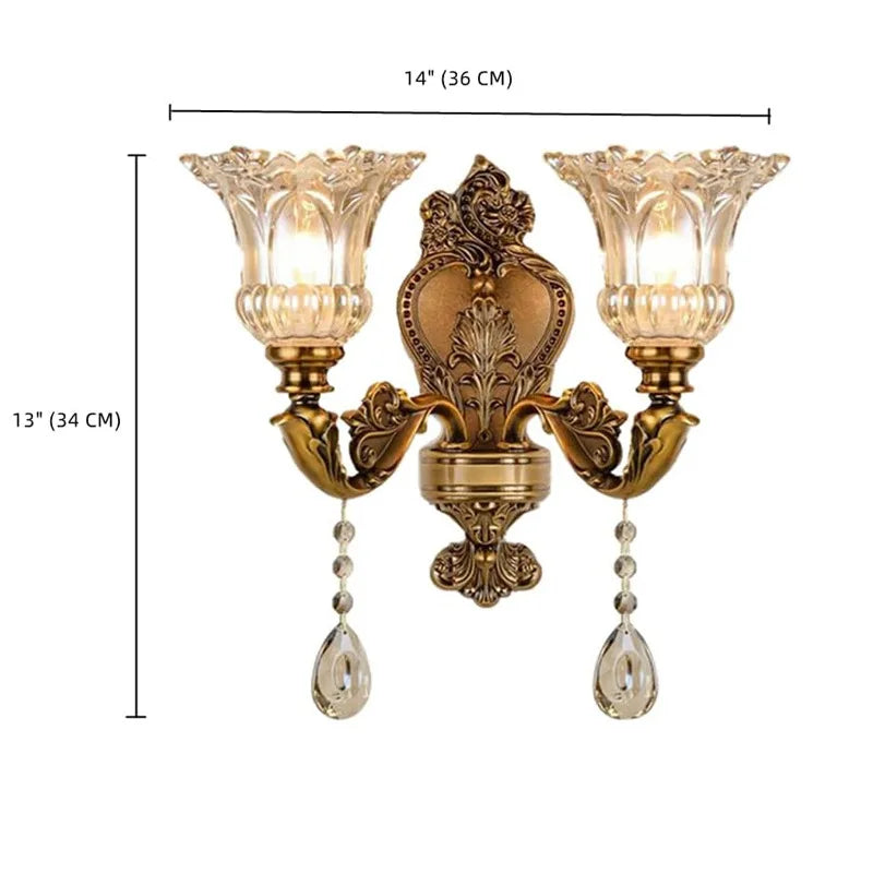 European Style Retro Crystal Glass Wall Lamp Dual Head Living Room Bedroom Bedside Lamp Corridor Corridor Wall Lamp