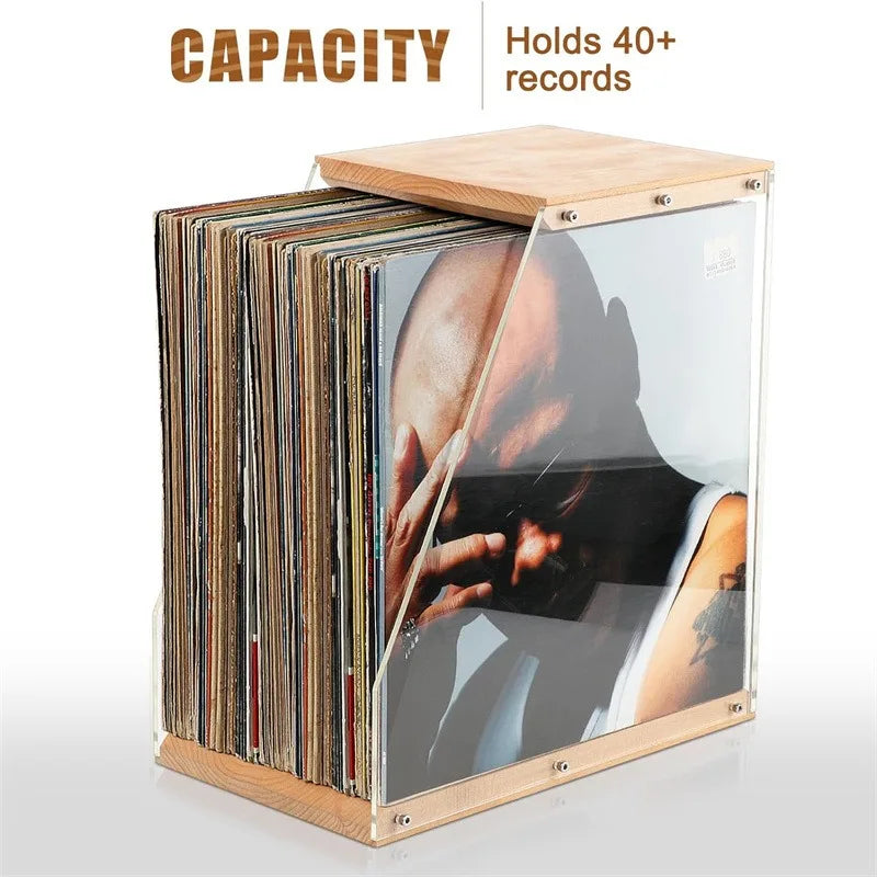 Wooden Record Rack Tabletop Ornament Transparent Vinyl Record Display Rack Tape Book Storage Box Solid Wood Storage Rack