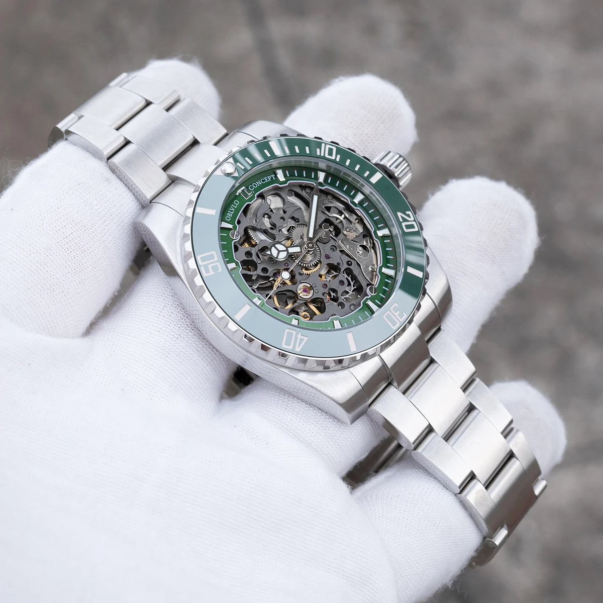 OBLVLO Men's Luxury Green Skeleton Dial Diving Watch Stainless Steel Luminous Waterproof Automatic Mechanical RX-DK Top Brand