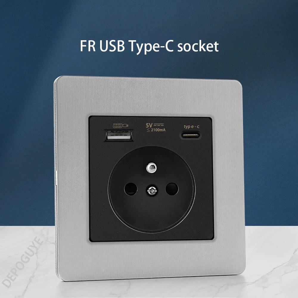 Wall Light Toggle Retro Switch Panel 1-4 Gang 2 Way EU Silver Gray Brushed Stainless Steel Antique Switch Outlet with USB Chargi