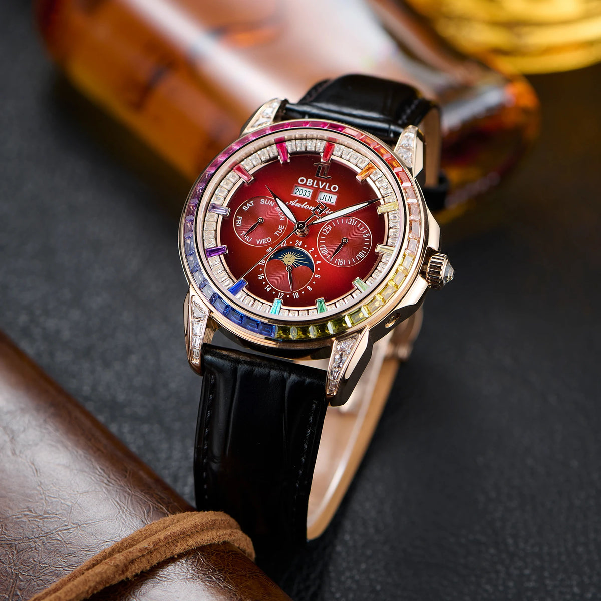 OBLVLO Men's Fashion Automatic Watch Colorful Zircon Moonphase Mechanical Multifunctional Black Leather Strap Timepiece GCM-MUT