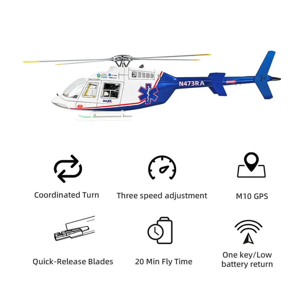 FLYWING Bell407 Scale RC Helicopter ACE Flight Control 6CH GPS FLY WING Bell 407 RC Helicopter LED Light Quick Release Rotor RTF