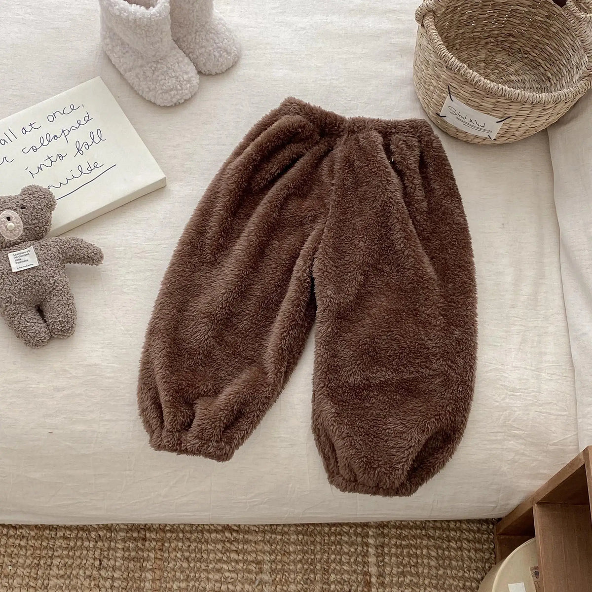 Solid Color Simple Casual Trousers Children's Home Clothes Autumn Winter Warm Plush Long Pant Baby Girls Boys Clothing Pants