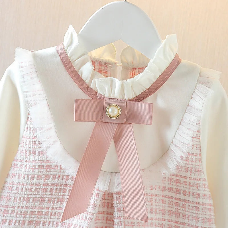 Spring and Autumn New Baby Girl Long Sleeve Dress Fake Two Small Checkered Children's Clothes (0-3 Years Old)