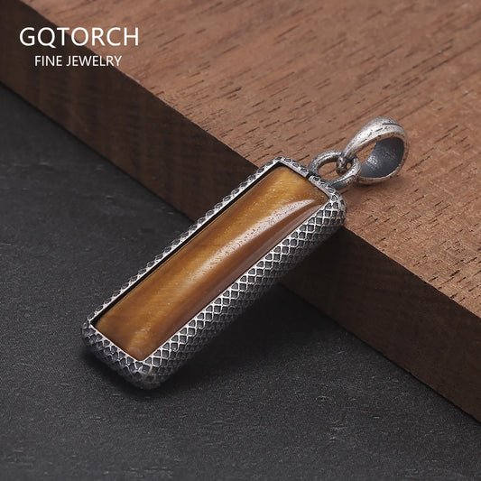 925 Sterling Silver Natural Stone Rectangle Tag Pendant for Men Women Tiger Eye's Stone Turquoise Simple Retro Vintage Jewelry