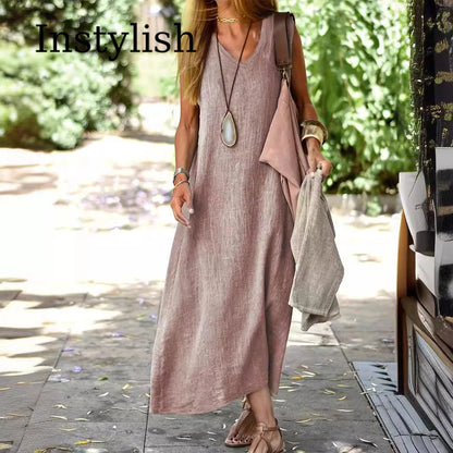 Women's V Neck Sleeveless Linen Dress Loose Solid Color Dress Breathable Lightweight Summer Beach Vacation Casual Cover Up