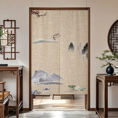 VIKAMA Chinese Zen Style Noren Door Curtain - Linen Texture Noren Curtain for Home Bedroom Kitchen Partition Decor