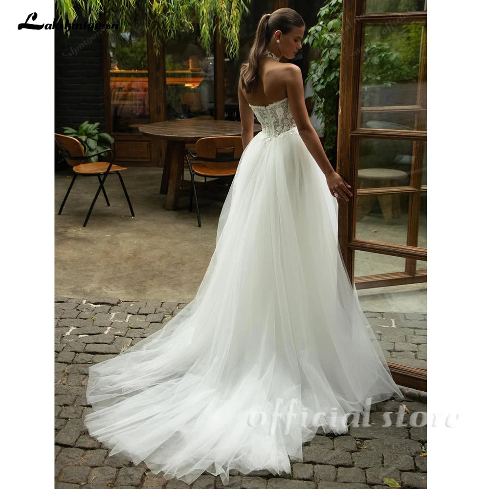 Lakshmigown Halter Illusion Wedding Dresses Lace Applique Beading Tulle A-line Bridal Gown Luxury Women's Bride Dress Customized