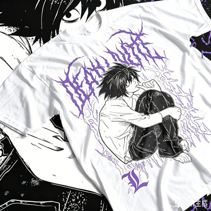 2026 Death Note Single Sided T-shirt Detective L Squat Pose Purple Metal Font Anime Print Oversized Cotton Tee For Otaku Fans