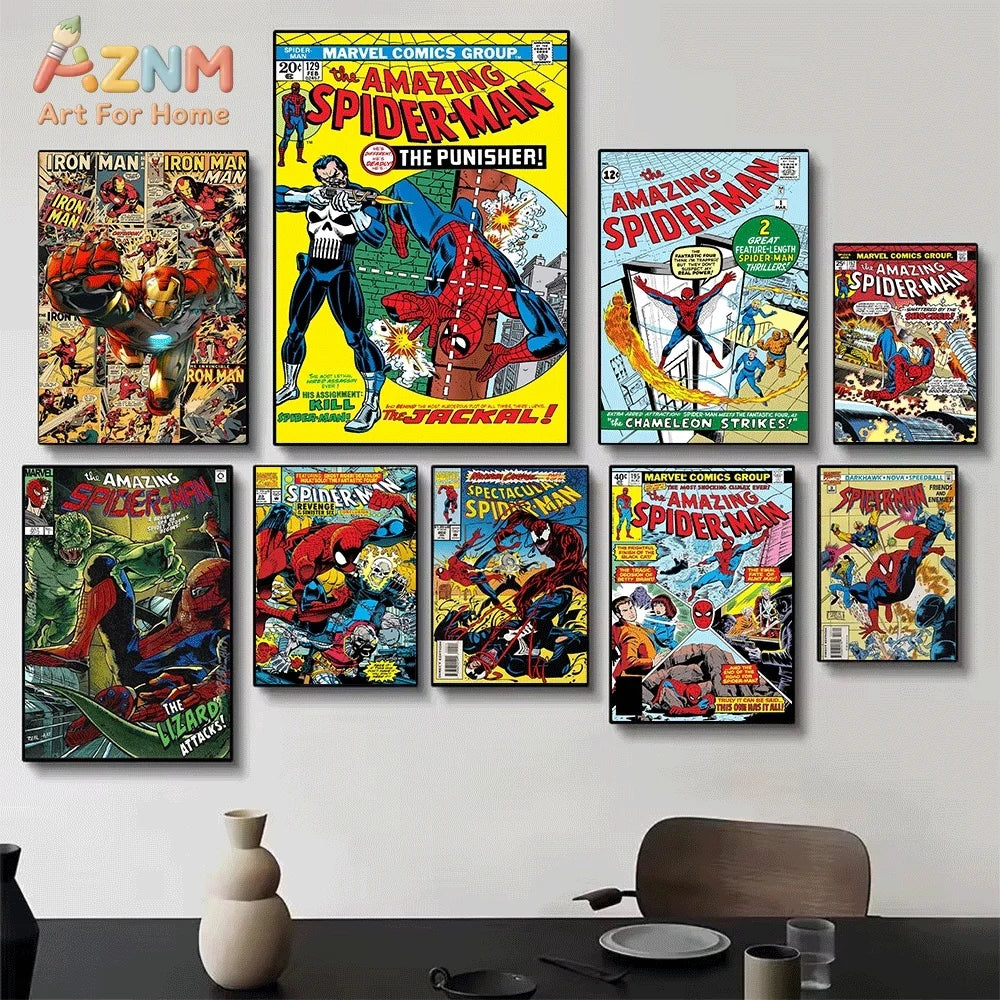 Superhero Iron Man Spider‑Man Vintage Comic Collage Canvas Wall Art Print Poster Unframed Canvas Painting Home Living Room Bed