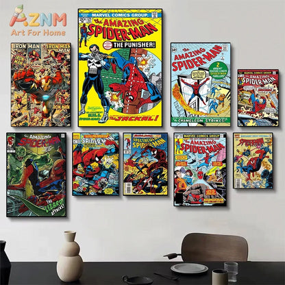 Superhero Iron Man Spider‑Man Vintage Comic Collage Canvas Wall Art Print Poster Unframed Canvas Painting Home Living Room Bed