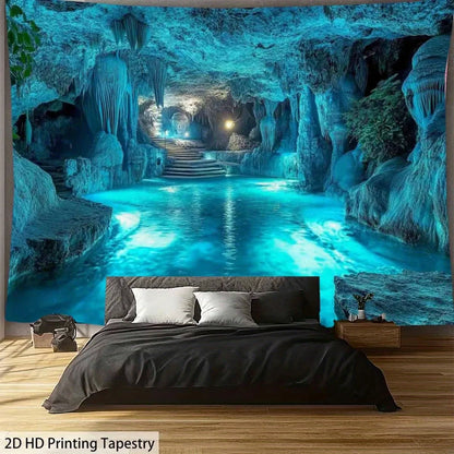 Stunning Blue Cave Underground Waterfall Digital Print Tapestry Wall Hanging Artwork for Modern Aesthetic Bedroom Home Decoratio