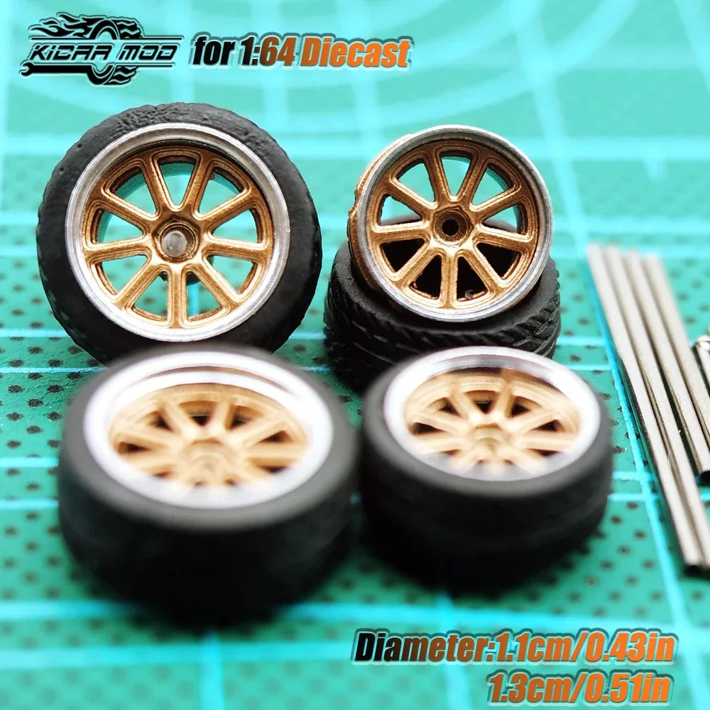 Kicarmod 1/64 Model Car ABS Wheels with Rubber Tire Metal Rims Front Small Rear Large Refitting Parts For Model Car