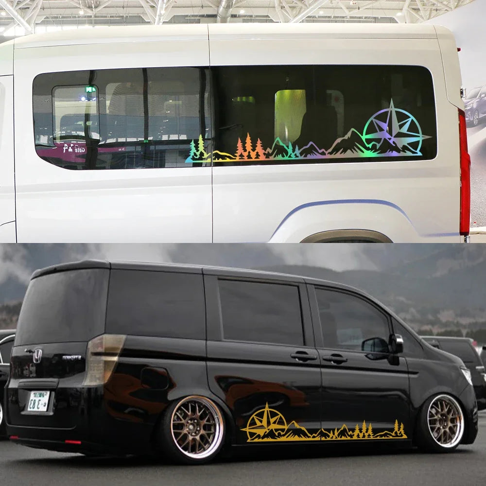 Car Body Side Sticker Graphics Mountain Compass Tree Decor Decal Vinyl Cover Auto Truck SUV Camper RV Van Minivan MPV Decoration