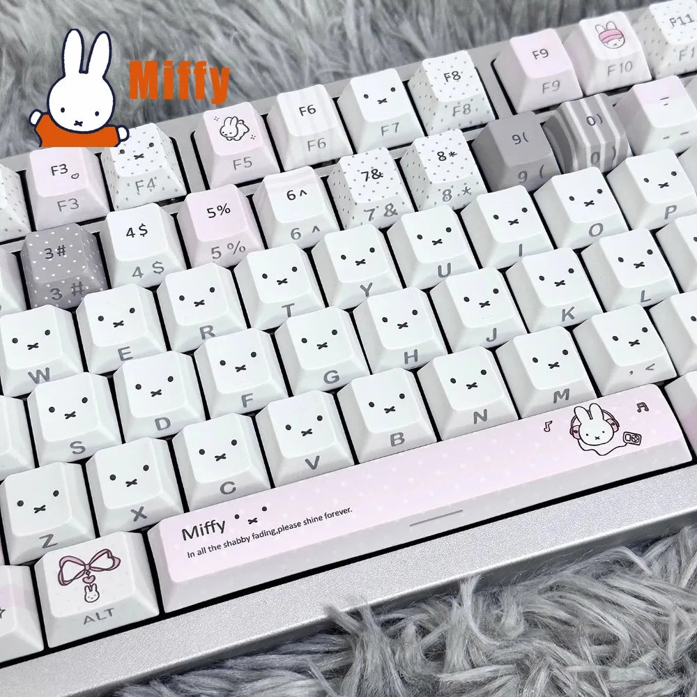 Kawaii Miffy Mechanical Keyboard Keycap Set Cute Rabbit Pastel Gray Pink PBT Dye-Sublimation Desk Accessory Office Girl Gift