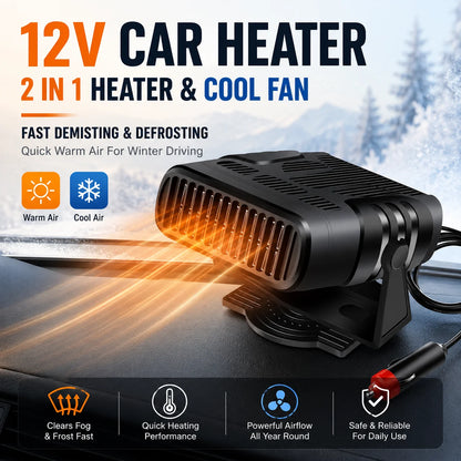 12V 24V Car Heater Fan With Adjustable Angle, Warm And Cool Air Modes, Windshield Defogger And Defroster For Cars And Trucks