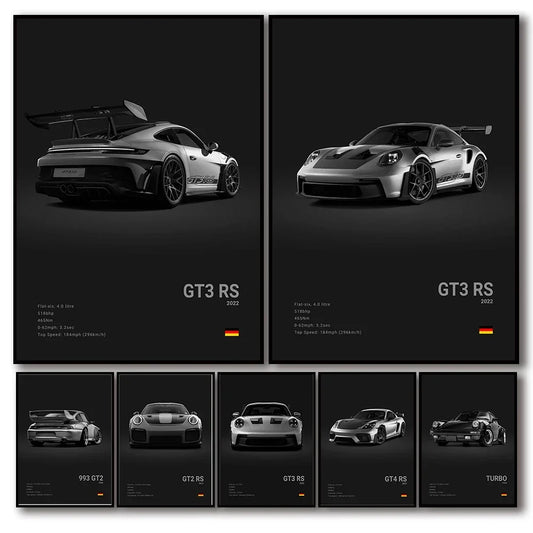 Pop Black and White Germany Luxury Super Sport Car Poster Aesthetic 911 GT3 RS Turbo Canvas Print for Wall Art Garage Room Decor