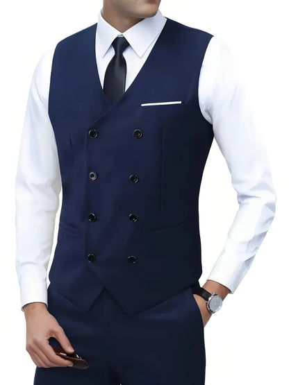 Men Double Breasted Vest British Style Slim Fit Business Formal Waistcoat High Quality Suit Vest Multiple Colors