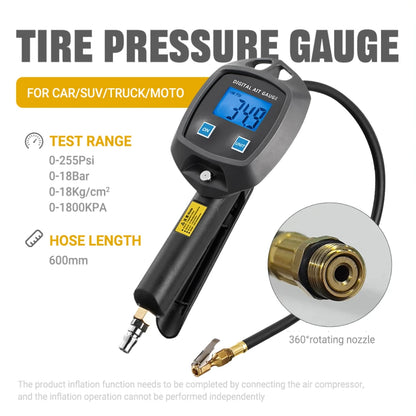 Multi-Unit Tire Inflator Gauge 0-18Kg/cm² 0-1800KPA 0-255PSI 0-18Bar Digital Display For Car Bike Tire Pressure Monitoring