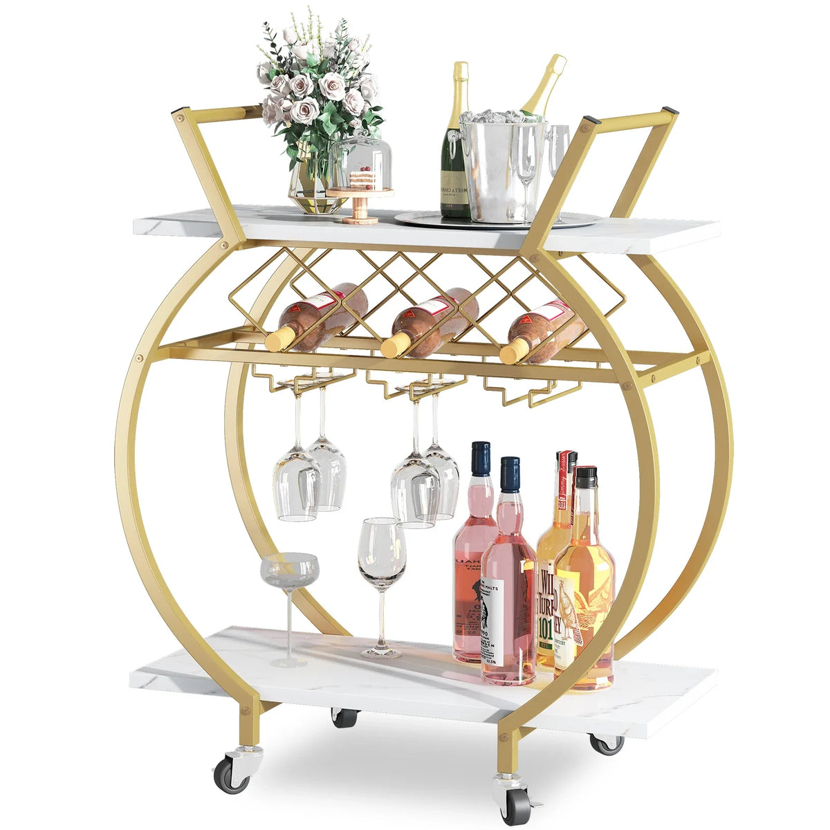 Gold and White Bar Cart Mini Rolling Kitchen Storage Cart with Wine Rack and Glass Holders Wine Cart