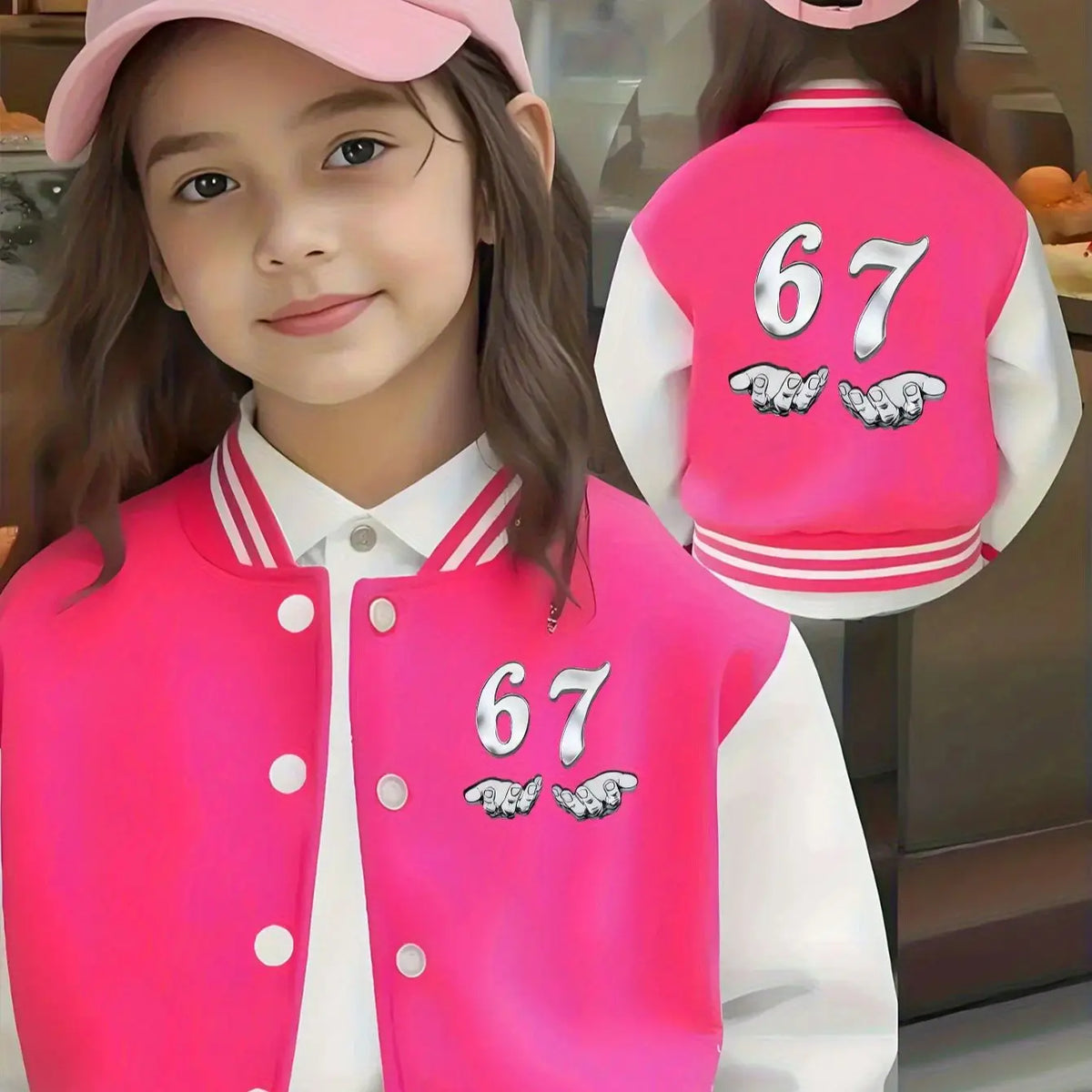 Six Seven Girls' Short Baseball Jacket - Casual Sports School Uniform with "67" Pattern, Trendy Girls' Clothing, Teenage Girls' Outfits, Children's Outdoor and Indoor Activity Sports Jacket, Girls' Autumn and Winter Seasonal