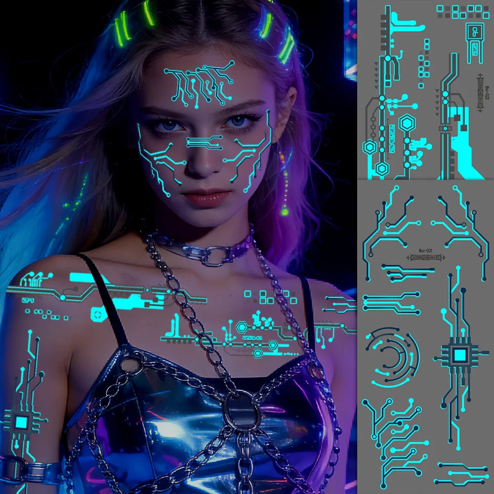 2 Sheets Large Glow In Dark Cyberpunk Mechanical Temporary Tattoos Sci-Fi Robot Line Waterproof Stickers for Cosplay Party