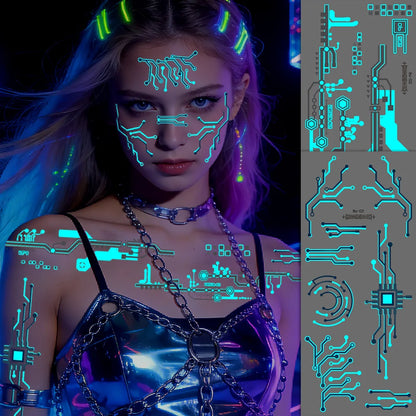 2 Sheets Large Glow In Dark Cyberpunk Mechanical Temporary Tattoos Sci-Fi Robot Line Waterproof Stickers for Cosplay Party