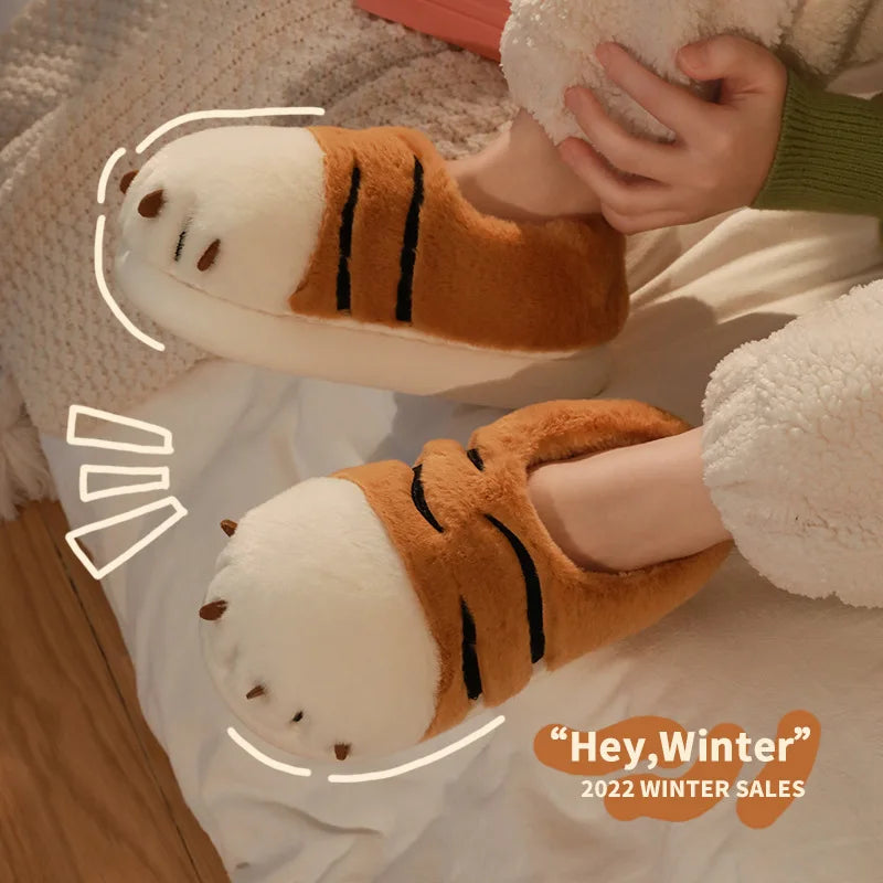 Winter Warm Slipper Women Home Fuzzy Cat Tiger Paw Claw Fur Plush Indoor Lazy man Thermal Furry House Shoe Funny Flat flip flop