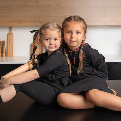 Family Hooded Set Black Cotton French Terry Girl Dress Hooded Shirt Top Baby Romper for Autumn Black with Colorful Trims