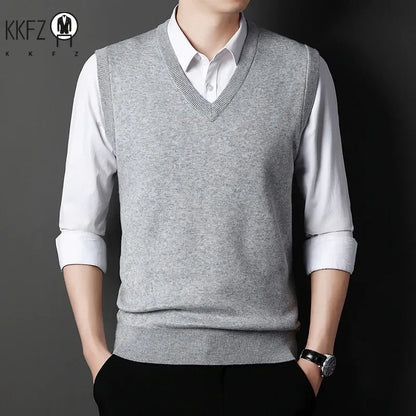 2026 Autumn Winter New Men's Solid Color V-neck Knitted Vest Casual Fashion Warm Sweater Versatile Top