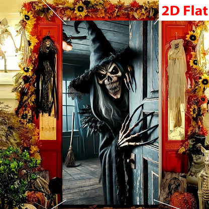 Halloween Scary Skeleton Witch Door Haunted House Front Porch Garage Decor Horror Party Photo Backdrop Spooky Decoration