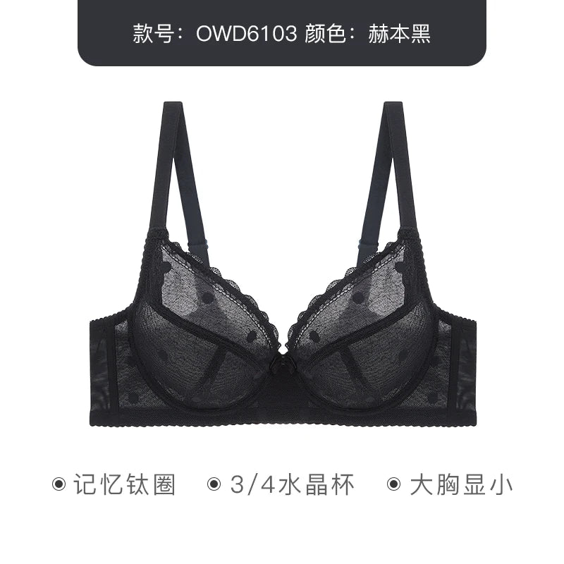 French Women's Push Up Hot Bra Unlined Lace Sheer Underwire Multiway Everyday Bra Polka Dot Unlined Minimizer 2024 OWD6103