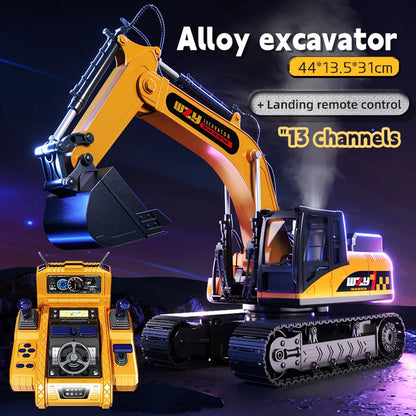 Large Alloy RC Excavator Remote Control Construction Vehicle with Operation Console, LED Light, 680° Rotation, Digger Truck Toy