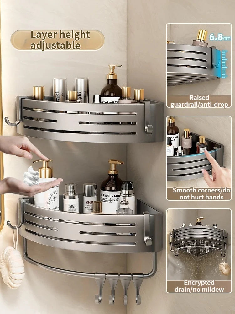 No Need To Drill Wall for Installation Aluminum Bathroom Shelf Shelves Shampoo Rack Storage Holder Kitchen Organizer Wall Rack