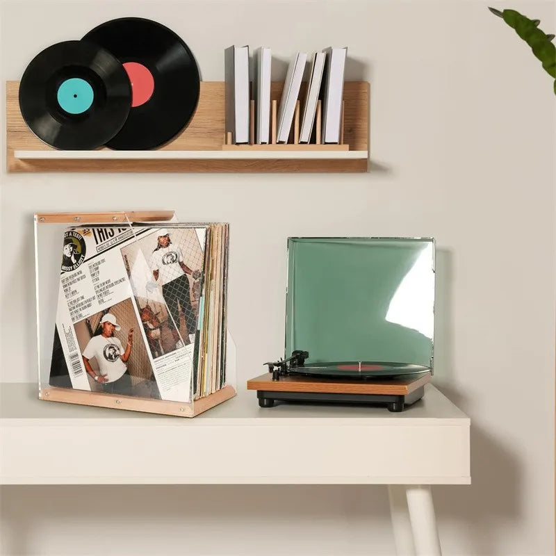 Wooden Record Rack Tabletop Ornament Transparent Vinyl Record Display Rack Tape Book Storage Box Solid Wood Storage Rack
