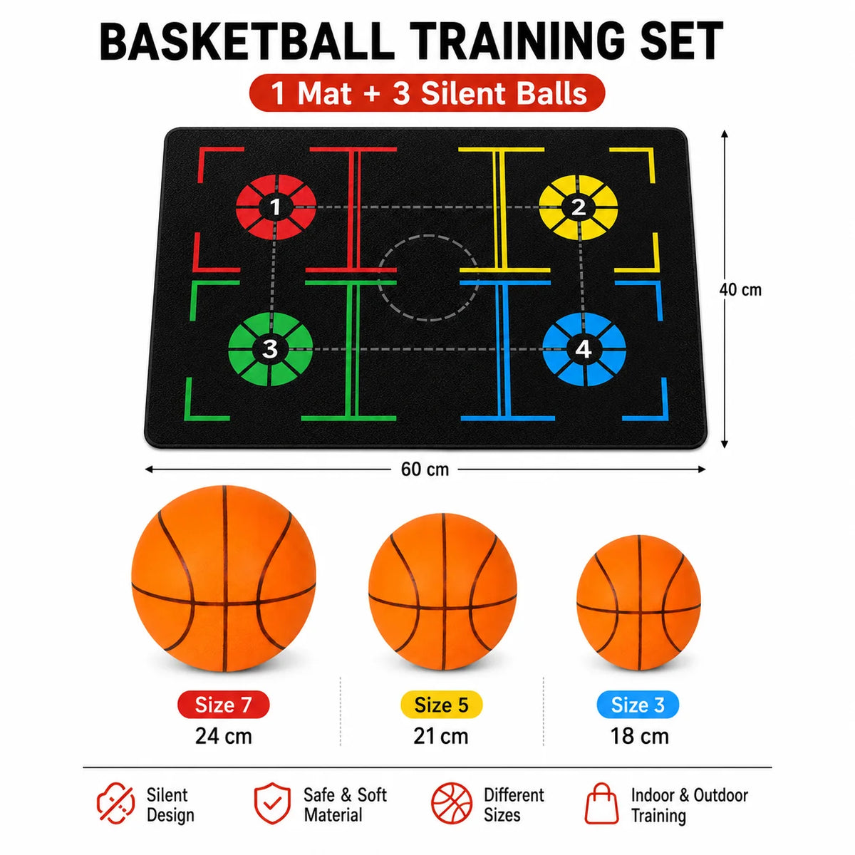 Basketball Training Mat + Silent Balls Set, Sizes 3 5 7, Indoor Practice & Coordination