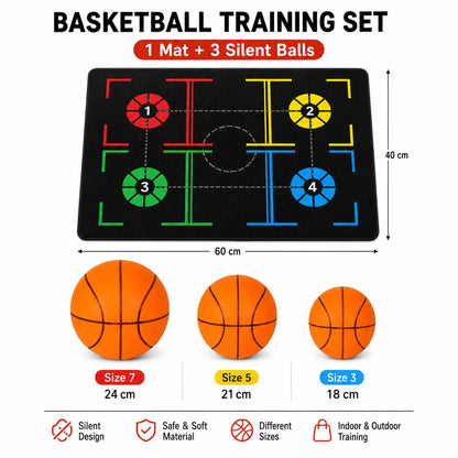 Basketball Training Mat + Silent Balls Set, Sizes 3 5 7, Indoor Practice & Coordination