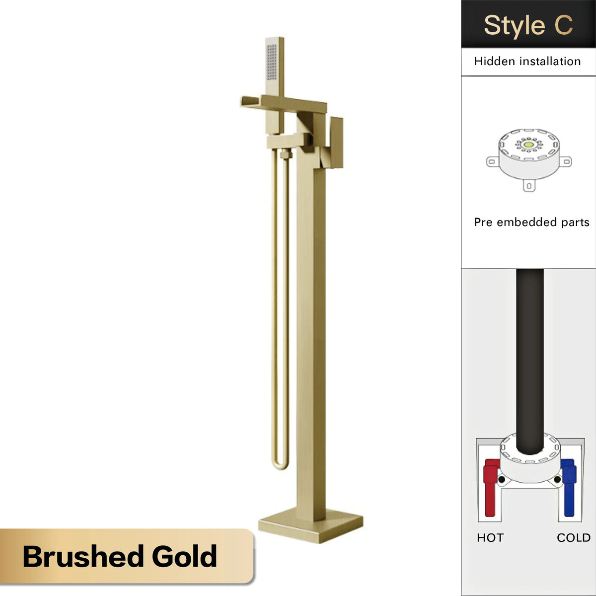 AITANA Luxury Black Brass Floor Standing Bathroom Faucet with Waterfall Water Outlet Design, Hot and Cold Bathtub Mixer