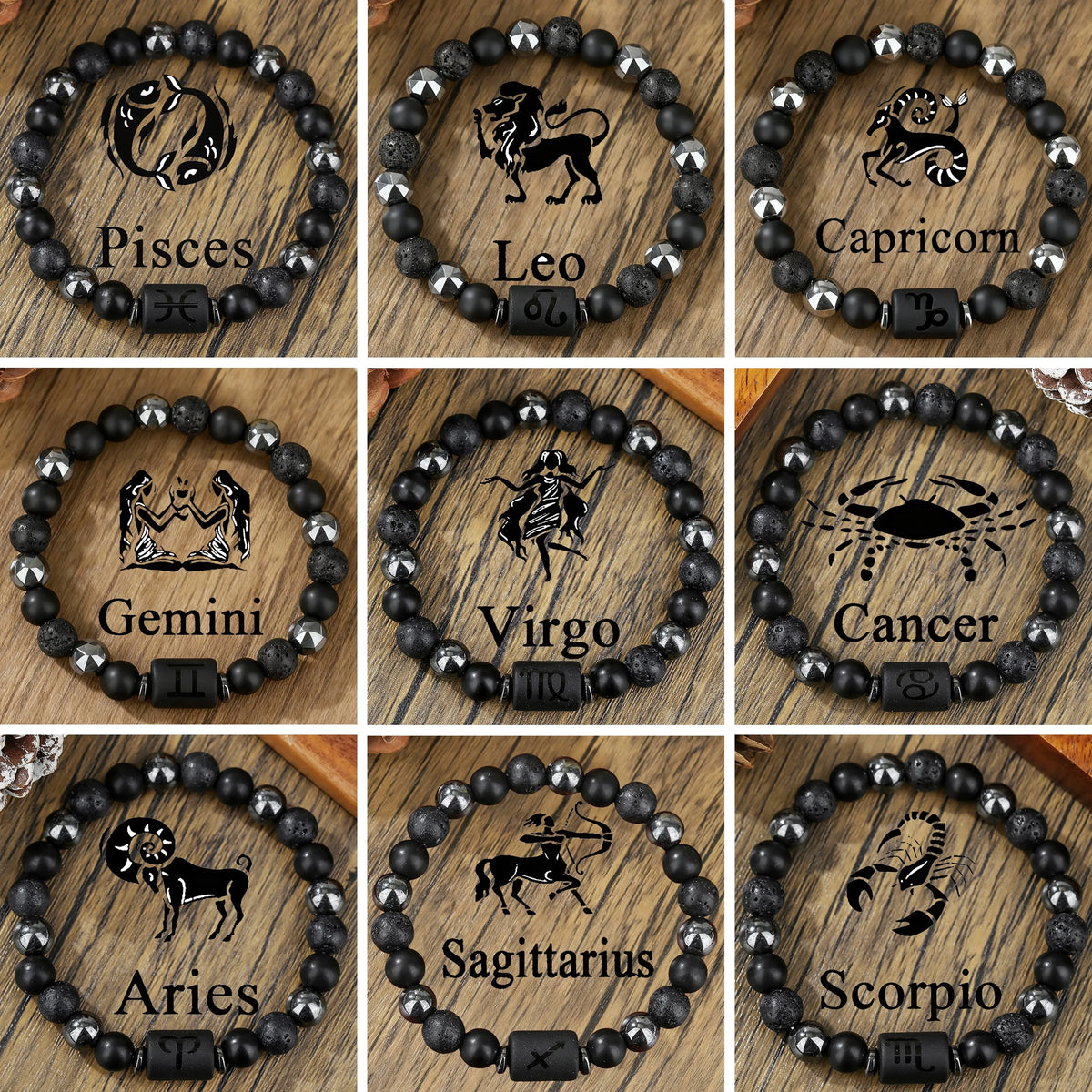 New Arrival 12 Zodiac Energy Bracelet Natural Volcanic Stone Black Retro Handmade Couple Beaded Jewelry