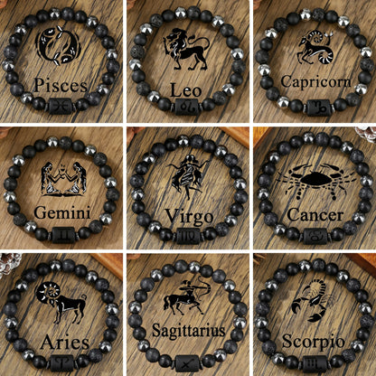 New Arrival 12 Zodiac Energy Bracelet Natural Volcanic Stone Black Retro Handmade Couple Beaded Jewelry
