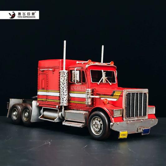 Vintage Red Semi Truck Iron Art Model Retro Classic Heavy Duty Vehicle Home Decor Desktop Ornament Collectible Gift for Men
