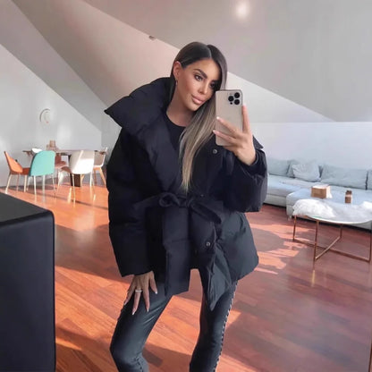 Zekye Down Jacket Warm Waist-cinching Long-sleeve Tied-waist Loose Solid-color Fashionable Women's Winter Jacket Lightweight