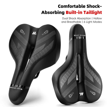 Bike Saddle with LED Taillight 6 Lighting Modes Memory Foam Padding TYPE-C Charging Weatherproof for Night Cycling Safety